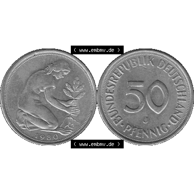BRD Münzen Deutschland J 50 Pf. Umlaufmünze in Graustufen PNG 1950-2001, 50 Pfennig 1980 Münzzeichen "J" für Hamburg "J"-01 Graustufen. PNG Computer-Grafik... Sammlung