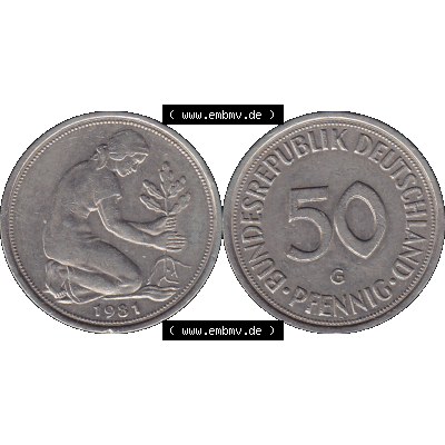 BRD Münzen 50 Pf. Umlaufmünze in PNG 1950-2001, 50 Pfennig BRD Deutschland 1981 Münzstätte Karlsruhe "G"-01. 50 Pfennig Münze BRD der 1980-er Jahre.... Sammlung