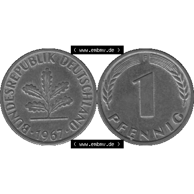 BRD Münzen 1 Pfennig Umlaufmünze in Graustufen PNG 1950-2001, 1 Pfennig 1967, 1960er Jahre Mzz. F-01. Graustufen-Bild aus Farbigen Bilder mit Vorderseite und Rückseite... Sammlung