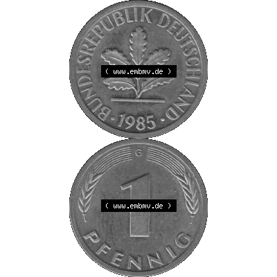 BRD Münzen 1 Pfennig BRD-Deutschland Umlaufmünze in Graustufen PNG 1950-2001, 1 Pfennig 1985, 1980er Jahre Münzstätte Karlsruhe G-01. Graustufen-Bild erstellt aus... Sammlung