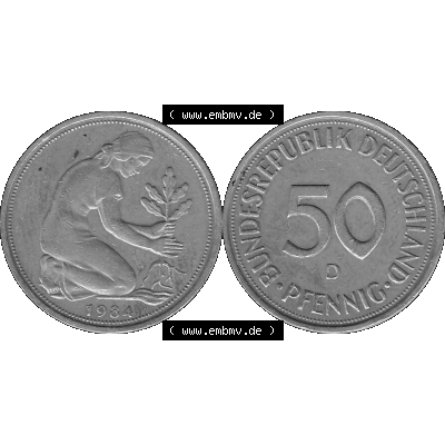BRD Münzen Deutschland D 50 Pf. Umlaufmünze in Graustufen PNG 1950-2001, 50 Pfennig 1984 Münzzeichen "D" für München - "D"-01 Graustufen.... Sammlung