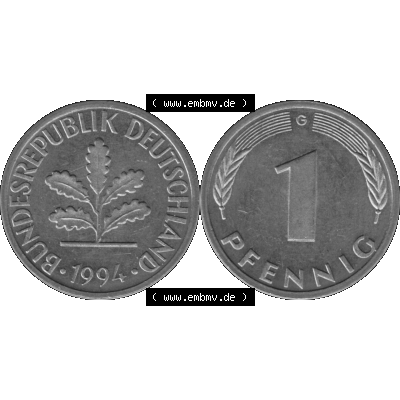 BRD Münzen 1 Pfennig BRD-Deutschland Umlaufmünze in Graustufen PNG 1950-2001, 1 Pfennig 1994, 1990er Jahre Münzstätte Karlsruhe G-01. Graustufen-Bilder der Vorderseite... Sammlung