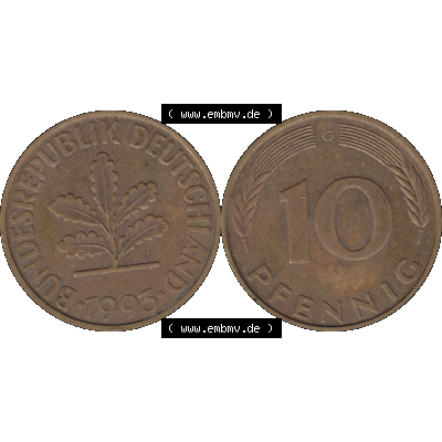 BRD Münzen 10 Pf. Umlaufmünze in PNG 1950-2001, 10 Pfennig 1993 G-01. Vorderseite und Rückseite mit Wert-Zahl auf einen Bild / Foto der digitalisierten 10 Pfennig... Sammlung