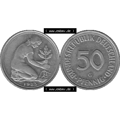 BRD Münzen Deutschland G 50 Pf. Umlaufmünze in Graustufen PNG 1950-2001, 50 Pfennig 1983 Münzzeichen "G" für Karlsruhe - "G"-01 Graustufen. PNG... Sammlung