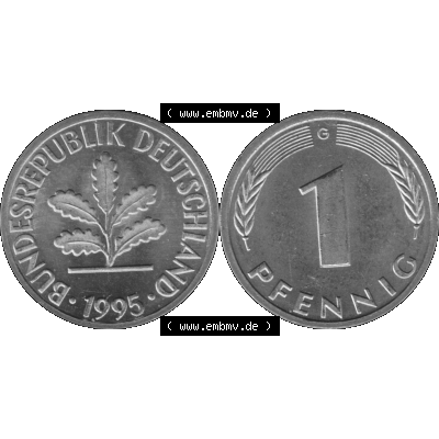 BRD Münzen 1 Pfennig BRD-Deutschland Umlaufmünze in Graustufen PNG 1950-2001, 1 Pfennig 1995, 1990er Jahre Münzstätte Karlsruhe G-01. Graustufen-Bilder der Vorderseite... Sammlung
