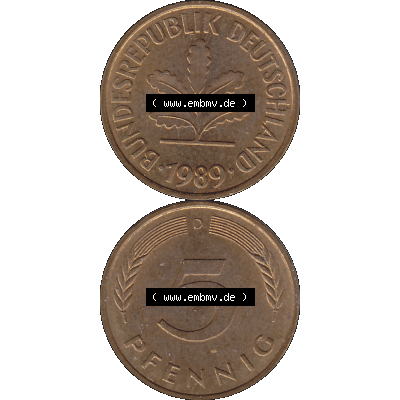 BRD Münzen 5 Pf., Umlaufmünze 1950-2001, 5 Pfennig Deutschland der BRD, 1989 Münzstätte München Mzz. D-02. Vorderseite und Rückseite... Sammlung