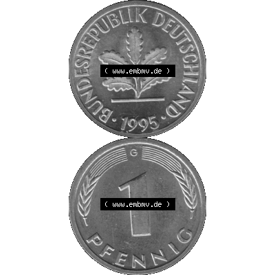 BRD Münzen 1 Pfennig BRD-Deutschland Umlaufmünze in Graustufen PNG 1950-2001, 1 Pfennig 1995, 1990er Jahre Münzstätte Karlsruhe G-01. Graustufen-Bild erstellt aus... Sammlung