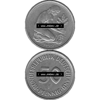 BRD Münzen Deutschland F 50 Pf. Umlaufmünze in Graustufen PNG 1950-2001, 50 Pfennig 1990 Münzzeichen "F" für Stuttgart - "F"-01 Graustufen. PNG... Sammlung