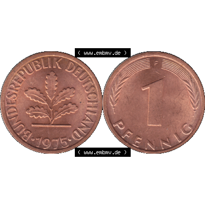 BRD Münzen 1 Pfennig Umlaufmünze in PNG 1950-2001, 1 Pfennig 1975, 1970er Jahre Stuttgart F-01. Die PNG-Grafik zeigt eine 1 Pfennig Münze der Bundesrepublik Deutschland.... Sammlung