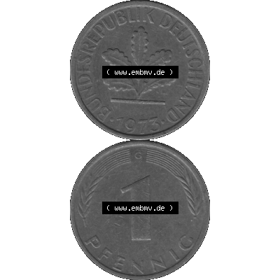 BRD Münzen 1 Pfennig BRD-Deutschland Umlaufmünze in Graustufen PNG 1950-2001, 1 Pfennig 1973, 1970er Jahre Münzstätte Karlsruhe G-01. Graustufen-Bild erstellt aus... Sammlung