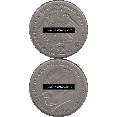 BRD Münzen 2 DM, Gedenkmünze in PNG 1969-1987, 2 DM, Deutsche Mark Konrad Adenauer 1974 Münzzeichen Mzz Stuttgart F-1. Vorderseite und Rückseite mit Deutschen... Sammlung