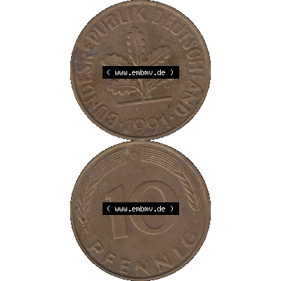 BRD Münzen 10 Pf. Umlaufmünze in PNG 1950-2001, 10 Pfennig 1991 D-02. Vorderseite und Rückseite auf einen Bild / Foto vertikal untereinander zusammengefügt,... Sammlung