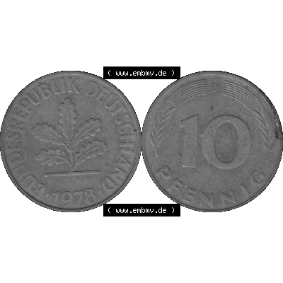 BRD Münzen 10 Pf. Umlaufmünze in PNG 1950-2001, 10 Pfennig 1978 D-01 Graustufen. Graustufen-Bilder der Vorderseite und Rückseite mit Wert-Zahl auf einen Bild / Foto... Sammlung