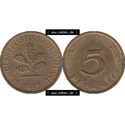 BRD Münzen 5 Pf., Umlaufmünze 1950-2001, 5 Pfennig Deutschland der BRD, 1972 Münzstätte München Mzz. D-01. Vorderseite und Rückseite... Sammlung