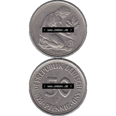 BRD Münzen 50 Pf. Umlaufmünze in PNG 1950-2001, 50 Pfennig BRD Deutschland 1990 Stuttgart F-1. Transparente Vorderseite und Rückseite der Münze vertikal untereinander... Sammlung