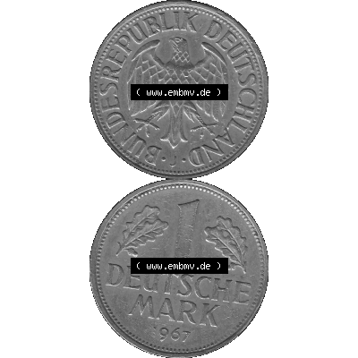 BRD Deutschland Münzen 1 - Eine DM / Eine Deutsche Mark in Graustufen PNG 1950-2001, 1 DM Deutsche Mark, 1967 Münzzeichen für Hamburg - J-01 Graustufen. PNG Computer-Grafik... Sammlung