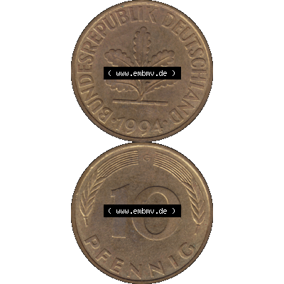 BRD Münzen 10 Pf. Umlaufmünze in PNG 1950-2001, 10 Pfennig 1994 G-01. Vorderseite und Rückseite auf einen Bild / Foto vertikal untereinander zusammengefügt,... Sammlung