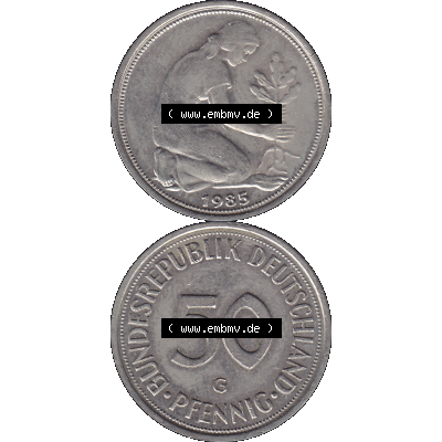 BRD Münzen 50 Pf. Umlaufmünze in PNG 1950-2001, 50 Pfennig BRD Deutschland 1985 Münzstätte in Karlsruhe Mzz. G-01. 50 Pfennig Münze BRD der 1980-er Jahre.... Sammlung