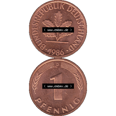 BRD Münzen in PNG 1950-2001, 1 Pfennig der BRD Deutschland 1986, 1980er Jahre Mzz. München D-01. Hier befindet sich eine PNG-Grafik einer 1 Pfennig Münze BRD mit... Sammlung