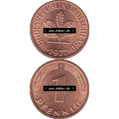 BRD Münzen 1 Pfennig Umlaufmünze in PNG 1950-2001, 1 Pfennig 1977, 1970er Jahre Stuttgart F-01. Hier befindet sich eine PNG-Grafik einer 1 / Ein Pfennig Münze Stuttgart... Sammlung