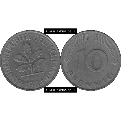 BRD Münzen 10 Pf. Umlaufmünze in PNG 1950-2001, 10 Pfennig 1984 G-01 Graustufen. Graustufen-Bild vom Scanner aus farbigen Bild mit Vorderseite und Rückseite mit Wert-Zahl... Sammlung