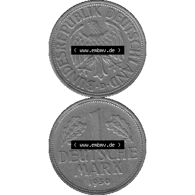 BRD Deutschland Münzen 1 / Eine DM / Eine Deutsche Mark in Graustufen PNG 1950-2001, 1 DM Deutsche Mark, 1950 Münzzeichen für München Mzz. D-01 Graustufen.... Sammlung