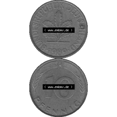 BRD Münzen 10 Pf. Umlaufmünze in PNG 1950-2001, 10 Pfennig 1989 J-12 Graustufen. PNG-Bild in transparenten Graustufen aus zwei farbigen Bildern vom Scanner mit Vorderseite... Sammlung