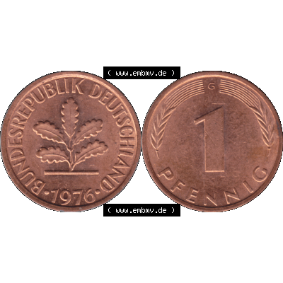 BRD Münzen 1 Pfennig Umlaufmünze in Farbigen PNG 1950-2001, 1 Pfennig 1976, 1970er Jahre Karlsruhe "G"-01. 1 Pfennig Münze der BRD-Jahre. Vorderseite... Sammlung