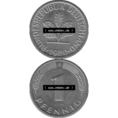 BRD Münzen 1 Pfennig BRD-Deutschland Umlaufmünze in Graustufen PNG 1950-2001, 1 Pfennig 1980, 1980er Jahre Münzstätte Karlsruhe G-01. Graustufen-Bild erstellt aus... Sammlung