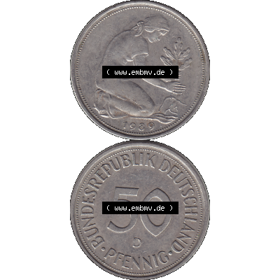 BRD Münzen 50 Pf. Umlaufmünze in PNG 1950-2001, 50 Pfennig BRD Deutschland 1989 München D-1. Transparente Vorderseite und Rückseite der Münze vertikal untereinander... Sammlung