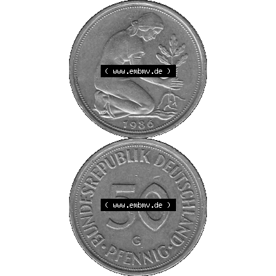 BRD Münzen Deutschland G 50 Pf. Umlaufmünze in Graustufen PNG 1950-2001, 50 Pfennig 1986 Münzzeichen "G" für Karlsruhe - "G"-01 Graustufen. PNG... Sammlung