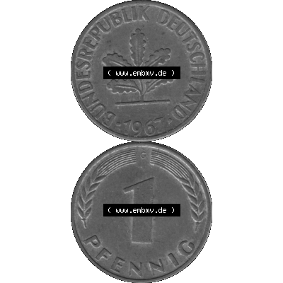 BRD Münzen 1 Pfennig BRD-Deutschland Umlaufmünze in Graustufen PNG 1950-2001, 1 Pfennig 1967, 1960er Jahre Münzstätte Karlsruhe G-01. Graustufen-Bild erstellt aus... Sammlung