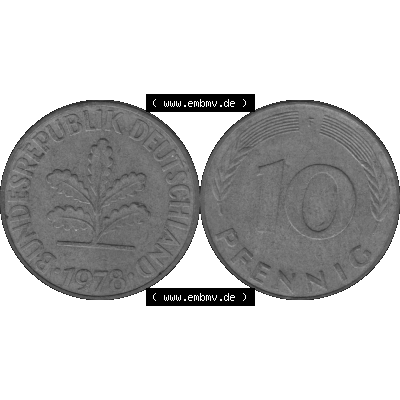 BRD Münzen 10 Pf. Umlaufmünze in PNG 1950-2001, 10 Pfennig 1978 F-01 Graustufen. Graustufen-Bild aus Farbigen Bilder mit Vorderseite und Rückseite mit Wert-Zahl auf einen... Sammlung