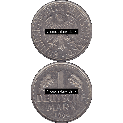 BRD Münzen 1 DM, Umlaufmünze 1950-2001, BRD Deutschland 1 / Eine DM - 1 Eine Deutsche Mark, 1990 Münzzeichen Hamburg Mzz J-1. Münzen-Rückseite und... Sammlung