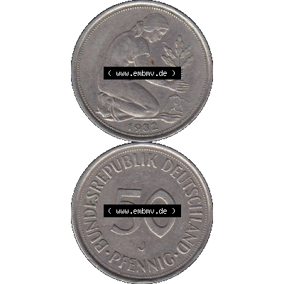 BRD Münzen 50 Pf. Umlaufmünze in PNG 1950-2001, 50 Pfennig BRD Deutschland 1982 Münzstätte Hamburg Mzz. "J"-01. PNG Computer-Grafik einer digitalisierten... Sammlung
