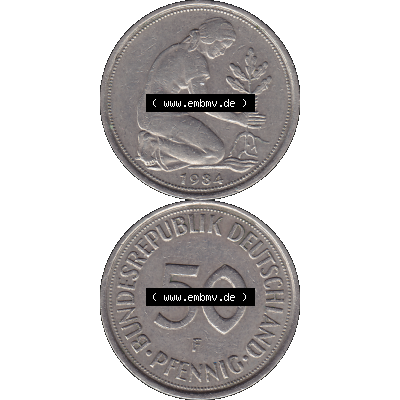 BRD Münzen 50 Pf. Umlaufmünze in PNG 1950-2001, 50 Pfennig BRD Deutschland 1984 Münzstätte Stuttgart mit Mzz. F-01. 50 Pfennig Münze der 1980-er Jahre,... Sammlung
