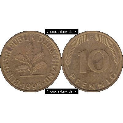 BRD Münzen 10 Pf. Umlaufmünze in PNG 1950-2001, 10 Pfennig 1995 D-01. Vorderseite und Rückseite mit Wert-Zahl auf einen Bild / Foto der digitalisierten 10 Pfennig... Sammlung