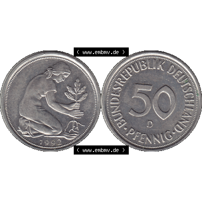BRD Münzen 50 Pf. Umlaufmünze in PNG 1950-2001, 50 Pfennig BRD Deutschland 1992 München D-1. Transparente Vorderseite und Rückseite als PNG-Grafik mit Wert-Zahl... Sammlung