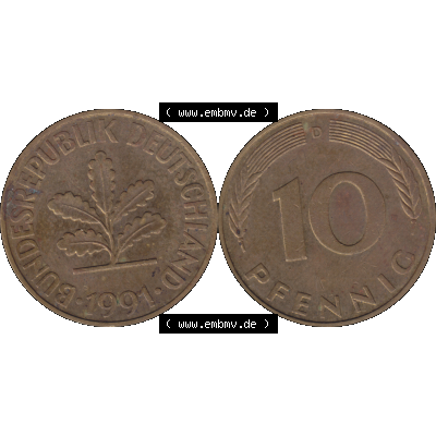 BRD Münzen 10 Pf. Umlaufmünze in PNG 1950-2001, 10 Pfennig 1991 D-02. Vorderseite und Rückseite mit Wert-Zahl auf einen Bild / Foto der digitalisierten 10 Pfennig... Sammlung