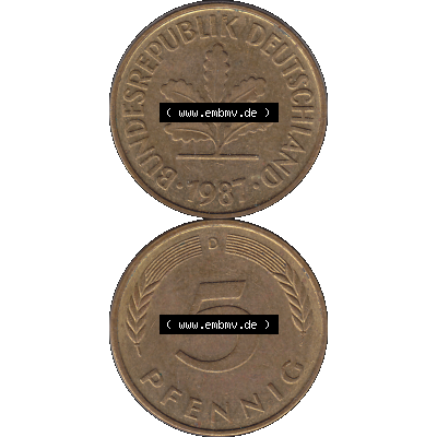 BRD Münzen 5 Pf., Umlaufmünze 1950-2001, 5 Pfennig Deutschland der BRD, 1987 Münzstätte München Mzz. D-01. Vorderseite und Rückseite... Sammlung