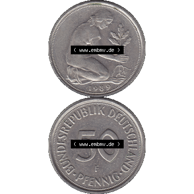 BRD Münzen 50 Pf. Umlaufmünze in PNG 1950-2001, 50 Pfennig BRD Deutschland 1989 Stuttgart F-1. Transparente Vorderseite und Rückseite der Münze vertikal untereinander... Sammlung