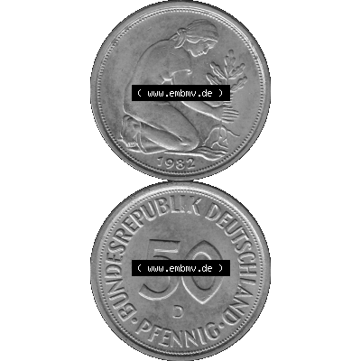 BRD Münzen Deutschland D 50 Pf. Umlaufmünze in Graustufen PNG 1950-2001, 50 Pfennig 1982 Münzzeichen "D" für München - "D"-01 Graustufen.... Sammlung