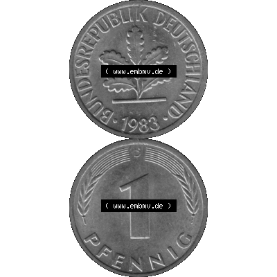 BRD Münzen 1 Pfennig Umlaufmünze in Graustufen PNG 1950-2001, 1 Pfennig 1983 München D-01. Graustufen-Bild erstellt aus Farbigen Bild mit Vorderseite und Rückseite auf... Sammlung