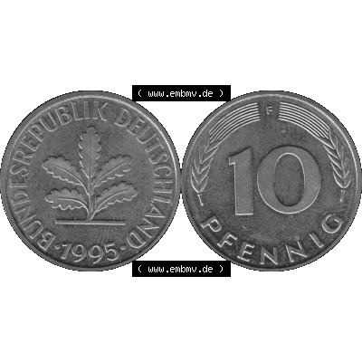 BRD Münzen 10 Pf. Umlaufmünze in PNG 1950-2001, 10 Pfennig 1995 F-04 Graustufen. Graustufen-Bild aus Farbigen Bilder mit Vorderseite und Rückseite mit Wert-Zahl auf einen... Sammlung