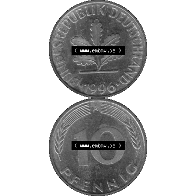 BRD Münzen 10 Pf. Umlaufmünze in PNG 1990-2001, 10 Pfennig 1996 A-02 Graustufen. Graustufen-Bilder mit Vorderseite und Rückseite auf einen Bild / Foto vertikal untereinander... Sammlung
