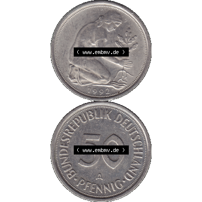 BRD Münzen 50 Pf. Umlaufmünze in PNG 1990-2001, 50 Pfennig BRD Deutschland 1992 Mzz. Berlin A-1. Transparente Vorderseite und Rückseite der Münze vertikal... Sammlung