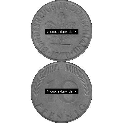 BRD Münzen 10 Pf. Umlaufmünze in PNG 1950-2001, 10 Pfennig 1970 D-01 Graustufen. Graustufen-Bild erstellt aus Farbigen Bild mit Vorderseite und Rückseite auf einen Bild... Sammlung