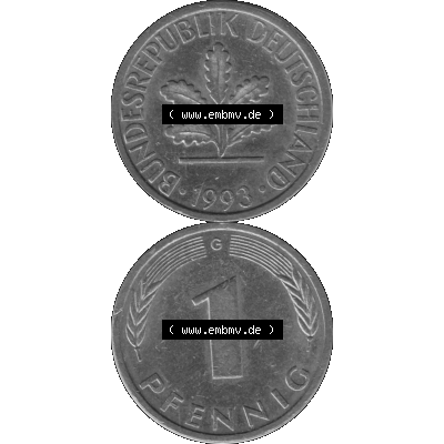 BRD Münzen 1 Pfennig BRD-Deutschland Umlaufmünze in Graustufen PNG 1950-2001, 1 Pfennig 1993, 1990er Jahre Münzstätte Karlsruhe G-01. Graustufen-Bild erstellt aus... Sammlung