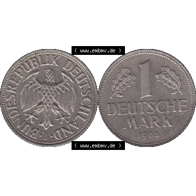 BRD Münzen 1 DM, Umlaufmünze 1950-2001, BRD Deutschland 1 / Eine DM - 1 Eine Deutsche Mark, 1968 Münzzeichen Hamburg Mzz J-1. Münzen-Rückseite und... Sammlung