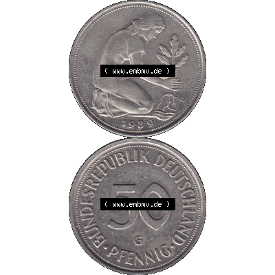 BRD Münzen 50 Pf. Umlaufmünze in PNG 1950-2001, 50 Pfennig 1989 G-01. Vorderseite und Rückseite auf einen Bild / Foto vertikal untereinander zusammengefügt,... Sammlung
